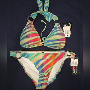 ABS By Allen Schwartz Colorful Striped Bikini Set Medium